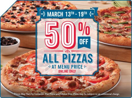 Domino S Pizza 50 Off All Pizzas At Menu Price Mar 13 19
