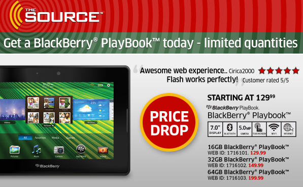 The Source BlackBerry Playbook Price Drop - Starting at $129.99