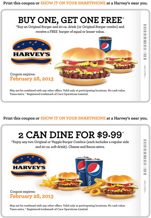 Harvey Lots of New Coupons - Buy One Get One Free, 2 Can Dine, Meal Deals (Until Feb 28)