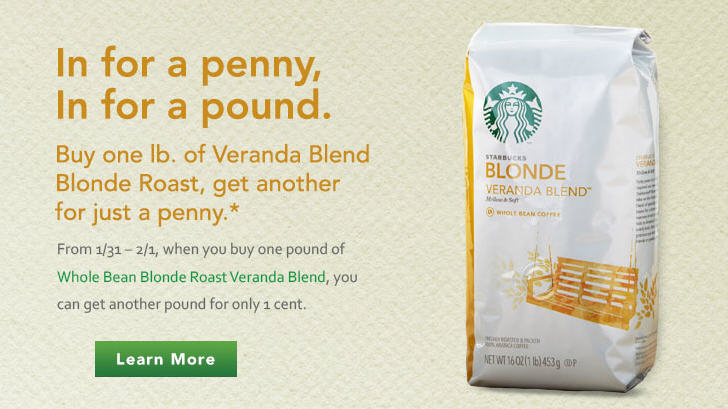 Starbucks Buy One Pound of Blonde Roast Veranda Blend, Get Another for a Penny (Feb 1)