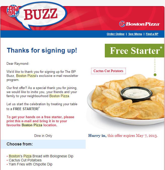 Boston Pizza FREE Appetizer with Email Sign-Up
