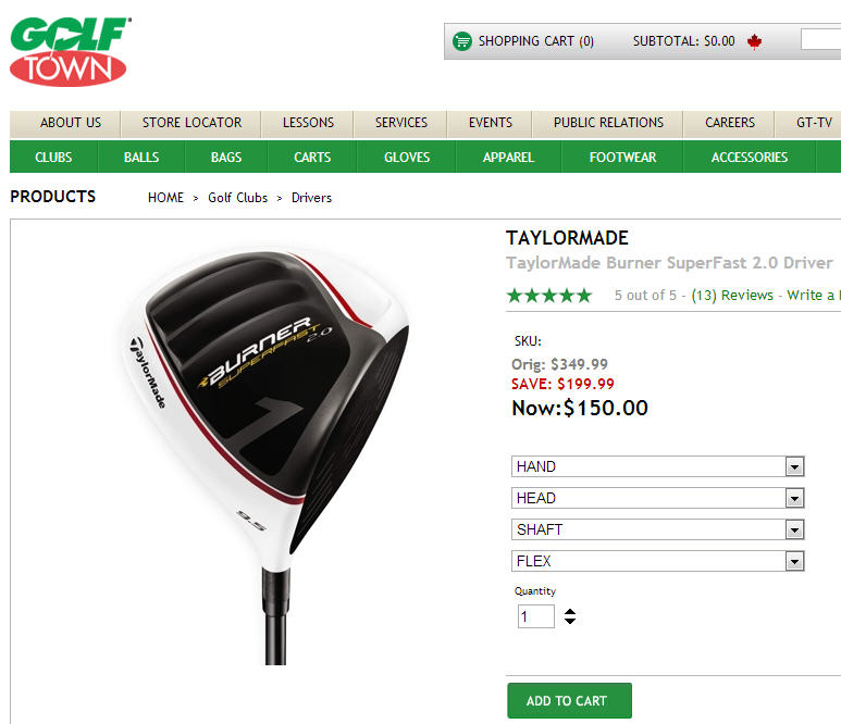 Golf Town $150 for TaylorMade Burner SuperFast 2.0 Driver