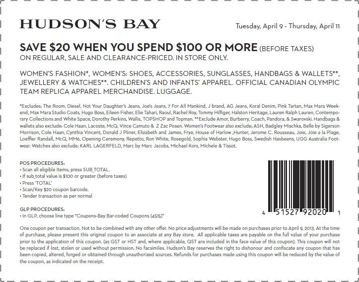Hudson's Bay $20 Off When you Spend $100 Coupon (Apr 9-11)