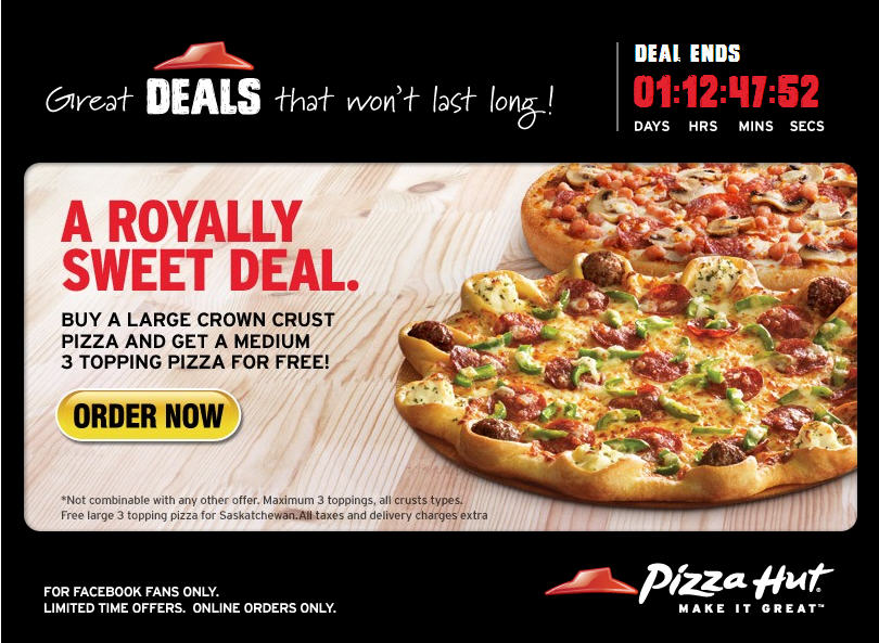 Pizza Hut Buy a Large Crown Crust Pizza, Get a Medium 3 Topping Pizza Free (Until Apr 3)