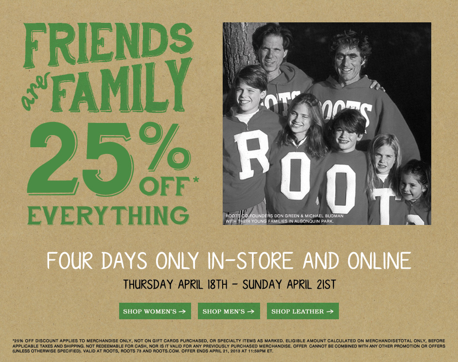Roots Friends & Family Sale - 25 Off Everything (Apr 18-21)