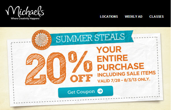 Michaels 20 Off Your Entire Purchase Coupon (July 28 - Aug 3)