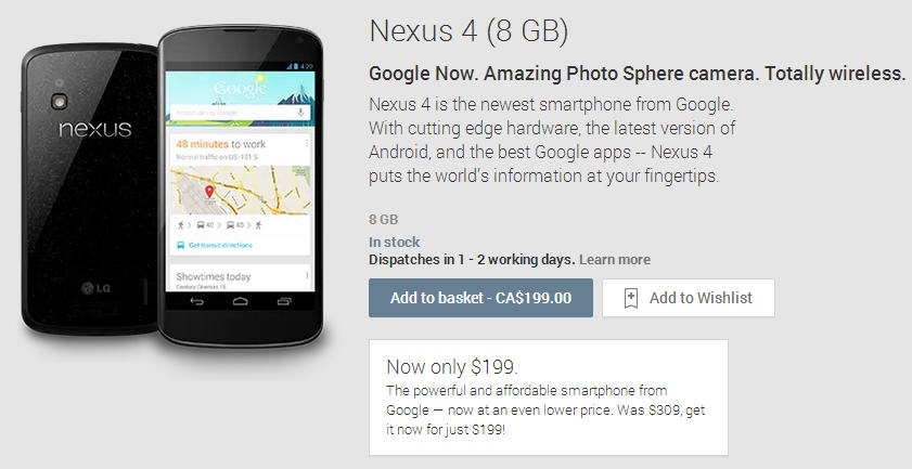 Google Price Drop - Nexus 4 (8GB) SmartPhone only $199 (Save $110)