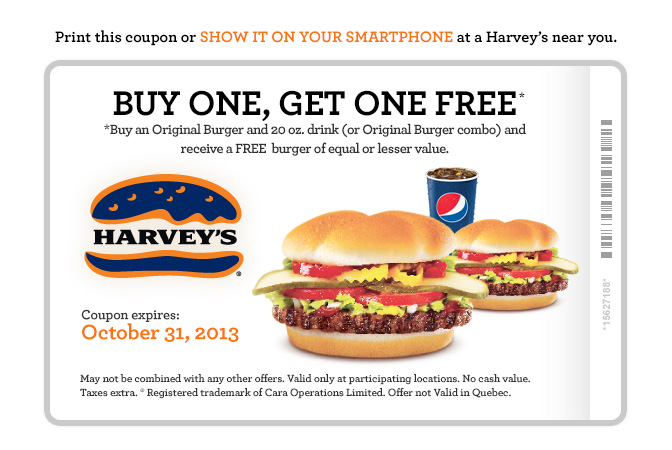Harvey's Lots of Printable Coupons - BOGO, 2 Can Dine, Meal Deals (Until Oct 31)
