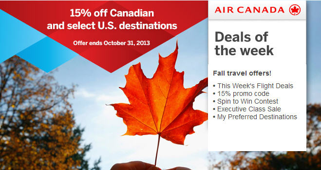 Air Canada 15 Off Flights within Canada and to select U.S. destinations (Book by Oct 31)