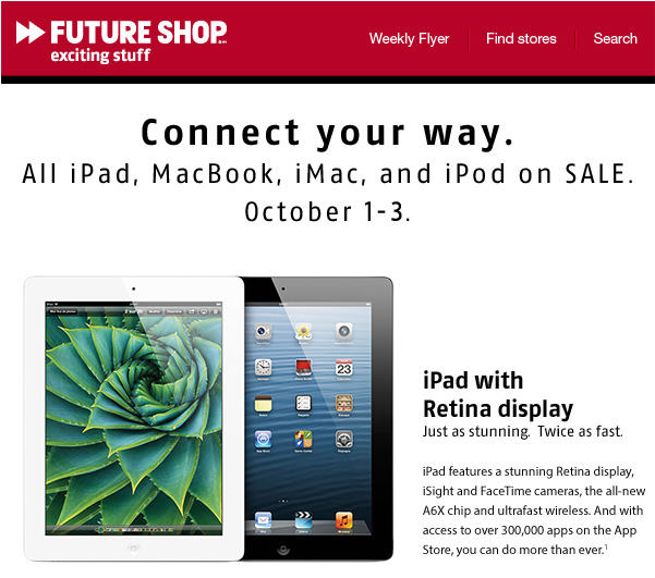 Future Shop All Apple iPads, MacBooks, iMacs and iPods on Sale (Oct 1-3)