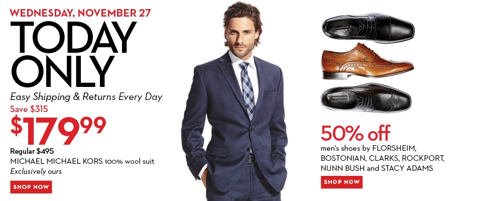 Hudson's Bay One Day Sales - $179 for a Michael Kors Suit and 50 Off Select Men's Shoes (Nov 27)