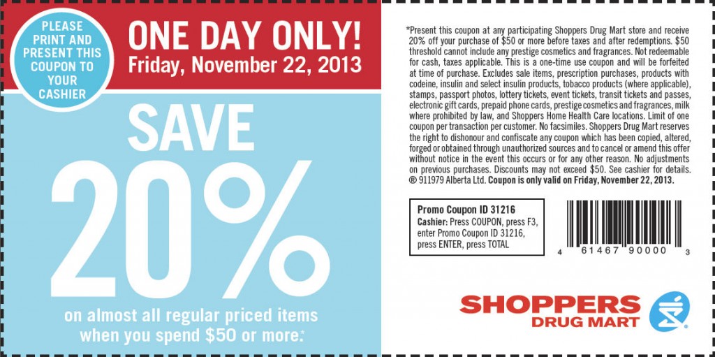 Shoppers Drug Mart $20 Off Coupon when you Spend $50 or more (Nov 22)