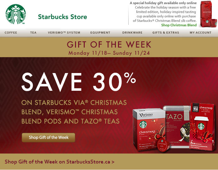 StarbucksStore Gift of the Week - Save 30 Off Select Christmas Blend Coffees and Tazo Teas (Nov 18-24)