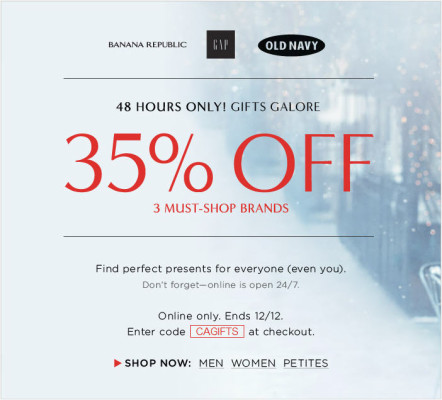 35 Off at Gap, Banana Republic and Old Navy (Dec 11-12)