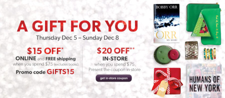 Chapters Indigo $15 Off + Free Shipping when you spend $75 (Dec 5-8)