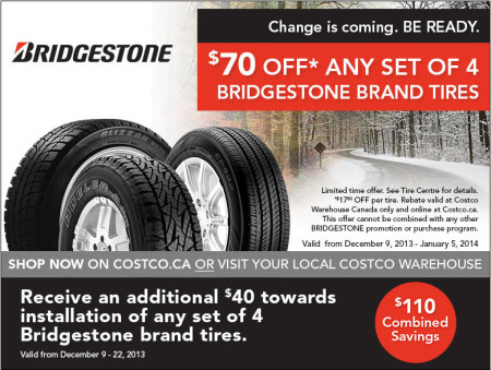 Costco $70 Off Any Set of 4 Bridgestone Tires + Extra $40 Off Installation (Until Jan 5)