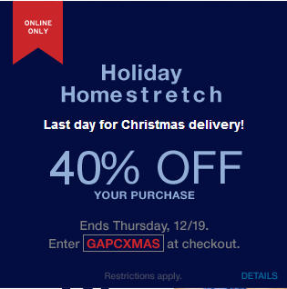 GAP 40 Off Your Online Purchase + Free Shippping (Dec 19)