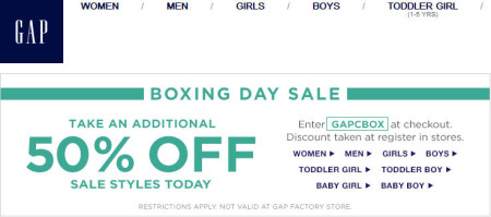 GAP Boxing Day Sale - Extra 50 Off Sale Styles (Dec 26)