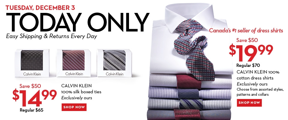 Hudson Bay One Day Sales - $19 for Calvin Klein Dress Shirts $14 for Calvin Klein Ties (Dec 3)