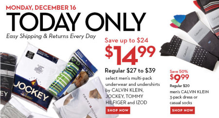 Hudson's Bay One Day Sales - $15 for Men's Multi-Pack Underwear and Undershirts + 50 Off Calvin Klein Socks (Dec 16)