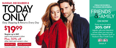 Hudson's Bay One Day Sales - $19.99 for Men's and Women's Robes - 71 Off (Dec 8)