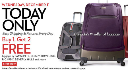 Hudson's Bay One Day Sales - Buy 1, Get 2 FREE Luggage (Dec 11)