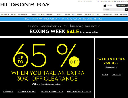 Hudson’s Bay Boxing Week Deals - Save up to 65 Off Sitewide (Dec 27 - Jan 2)