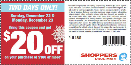 Shoppers Drug Mart $20 Off Coupon on Your Purchase of $100 or more (Dec 22-23)