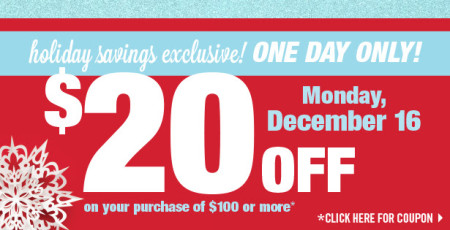 Shoppers Drug Mart $20 Off Your Purchase of $100 or more Coupon (Dec 16)