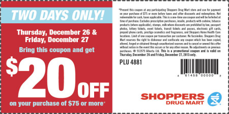 Shoppers Drug Mart Boxing Day Coupon - $20 Off Your Purchase of $75 or more (Dec 26-27)