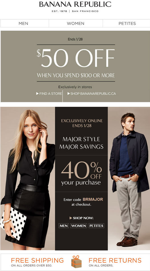 Banana Republic 40 Off Online Purchase or $50 Off $100 In-Store Purchase (Jan 27-28)