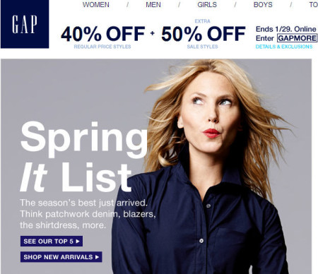 GAP 40 Off Regular Priced Items + 50 Off Sale Items (Jan 28-29)