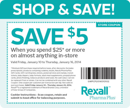 Rexall $5 Off Coupon when you spend $25 (Jan 10-16)