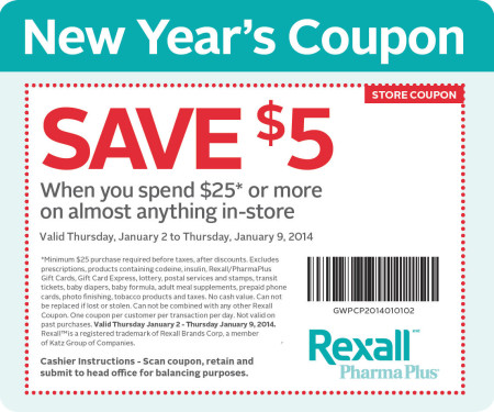 Rexall $5 Off Coupon when you spend $25 (Jan 2-9)