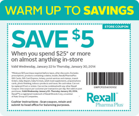 Rexall Pharma Plus $5 Off Coupon when you spend $25 (Jan 22-30)