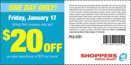 Shoppers Drug Mart $20 Off Purchase of $75 Printable Coupon (Jan 17)