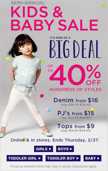 GAP Semi-Annual Kids & Baby Sale - Up to 40 Off Hundreds of Styles (Until Feb 27)