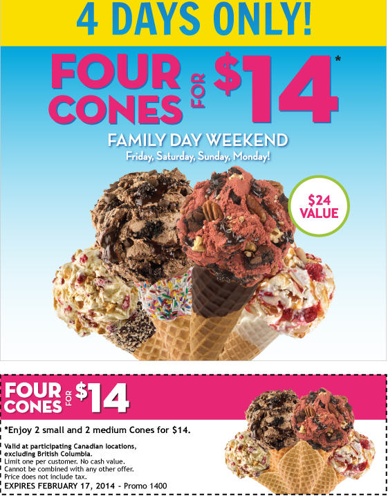 Marble Slab Creamery Family Day Weekend - Four Cones for $14 Coupon (Feb 14-17)