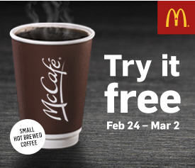 McDonald's Canada FREE Small Hot Brewed Coffee All Day (Feb 24 - Mar 2)