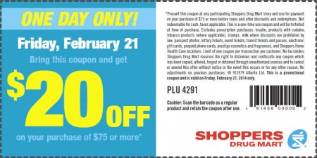 Shoppers Drug Mart $20 Off Purchase of $75 Printable Coupon (Feb 21)