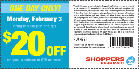 Shoppers Drug Mart $20 Off Purchase of $75 Printable Coupon (Feb 3)