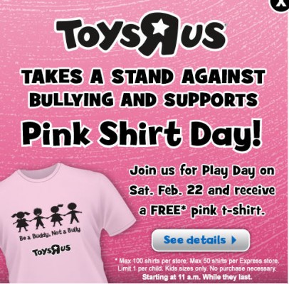 Toys R Us Play Day - FREE Kid Pink T-Shirt (Feb 22, 11am-1pm)