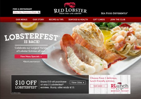 Red Lobster $10 Off Two Lobsterfest Entrées Coupon (Until Apr 13)