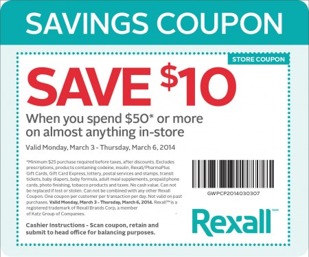 Rexall Pharma Plus $10 Off Coupon when you Spend $50 (March 3-6)