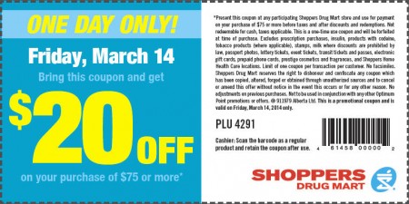 Shoppers Drug Mart $20 Off Coupon on $75 Purchase (Mar 14)