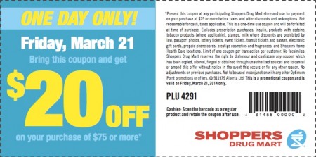 Shoppers Drug Mart- $20 Off Coupon on $75 Purchase (Mar 21)