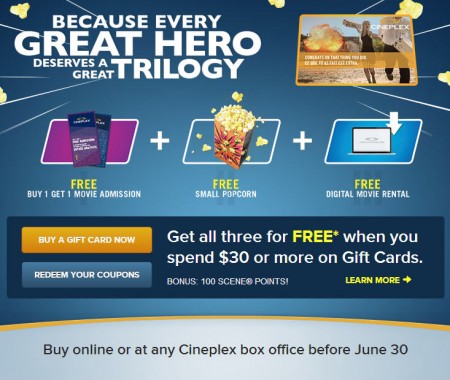 Cineplex Buy $30 Gift Card, Get Free Coupons (Until June 30)