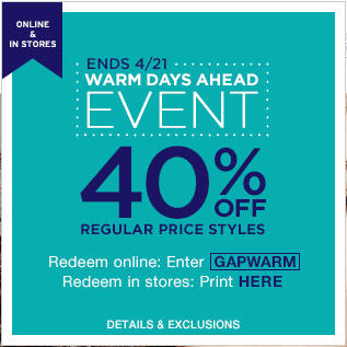 GAP 40 Off Regular Price Styles (Apr 20-21)