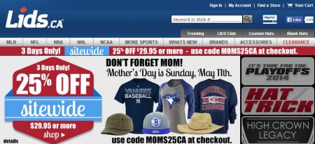 Lids Mother's day Special - 25 Off Sitewide (Apr 28-30)