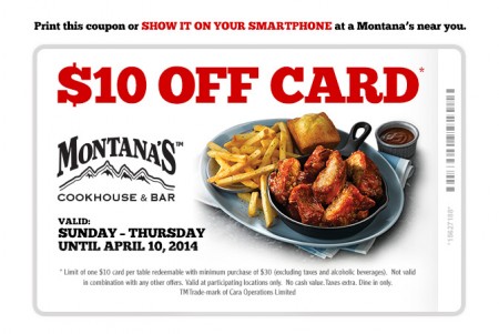 Montana's Cookhouse $10 Off Coupon (Until Apr 10)